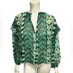 NWT Zara Green Printed Long Sleeve Blouse Ruffle Sleeves Size Small Vneck Top